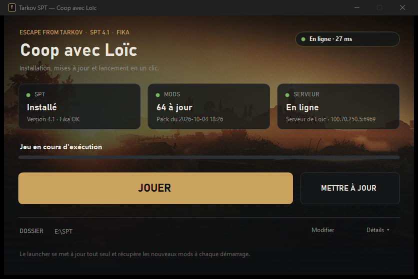 Le launcher : état de SPT, des mods et du serveur, avec les boutons Jouer et Mettre à jour